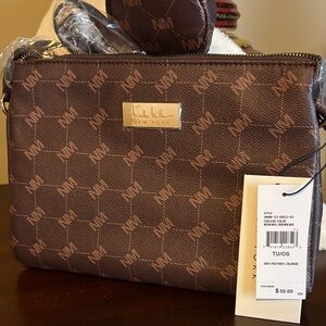 NWT Nicole Miller New York Brown Monogram Crossbody Bag with Matching Coin Purse